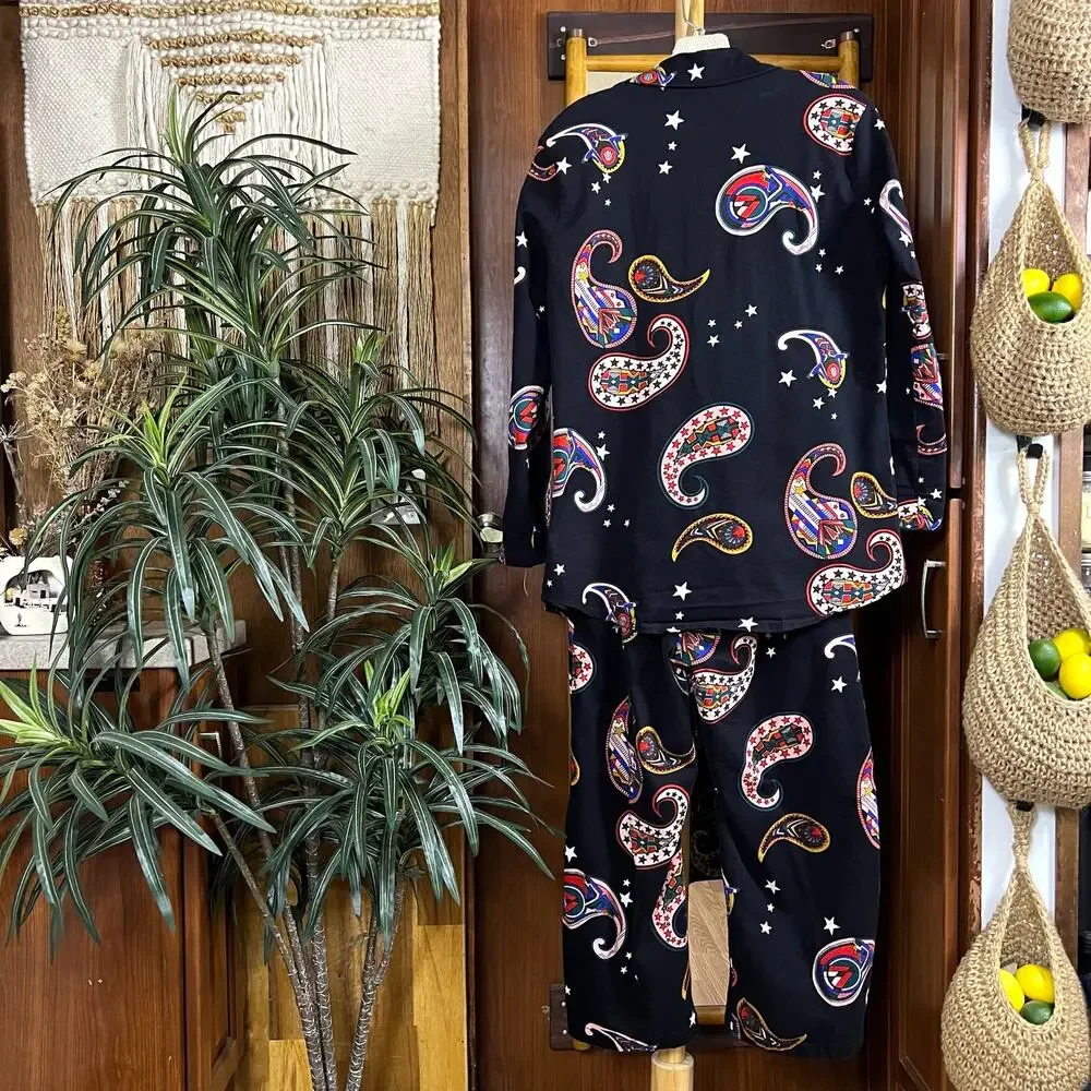 Paisley Star Print Matching Set Womens M Black Pajama Style Indie Cropped Pants